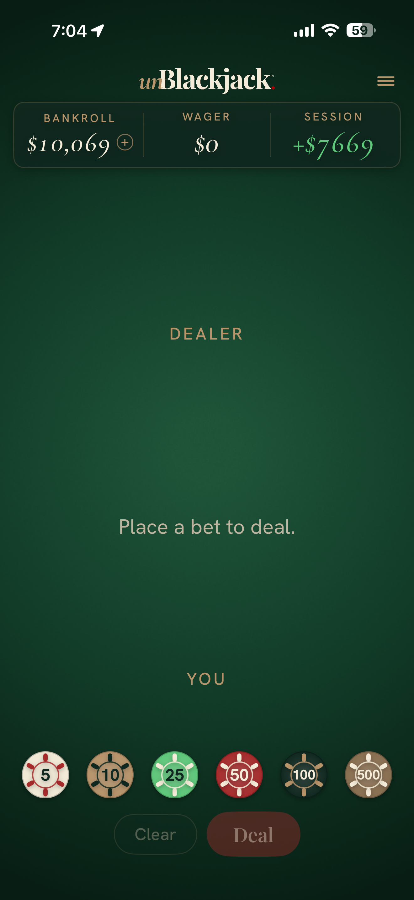Placing a bet on unBlackjack